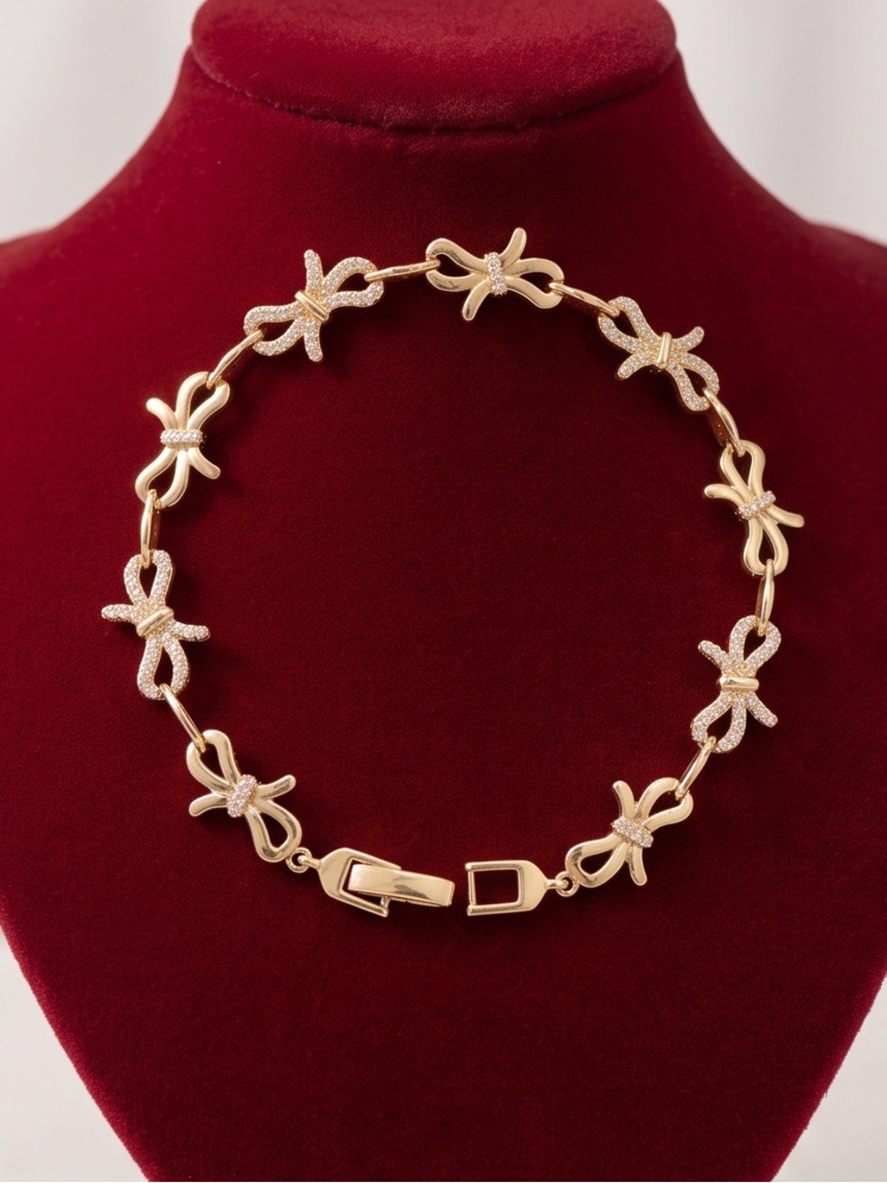 Gold Plated Ribbon Bow Chain Bracelet – 8 Inches (Sparkling Cubic Zirconia)